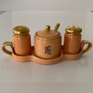 Antique Monogram Peach LusterWare Tray/S&P/Lidded Mustard Jar/Spoon